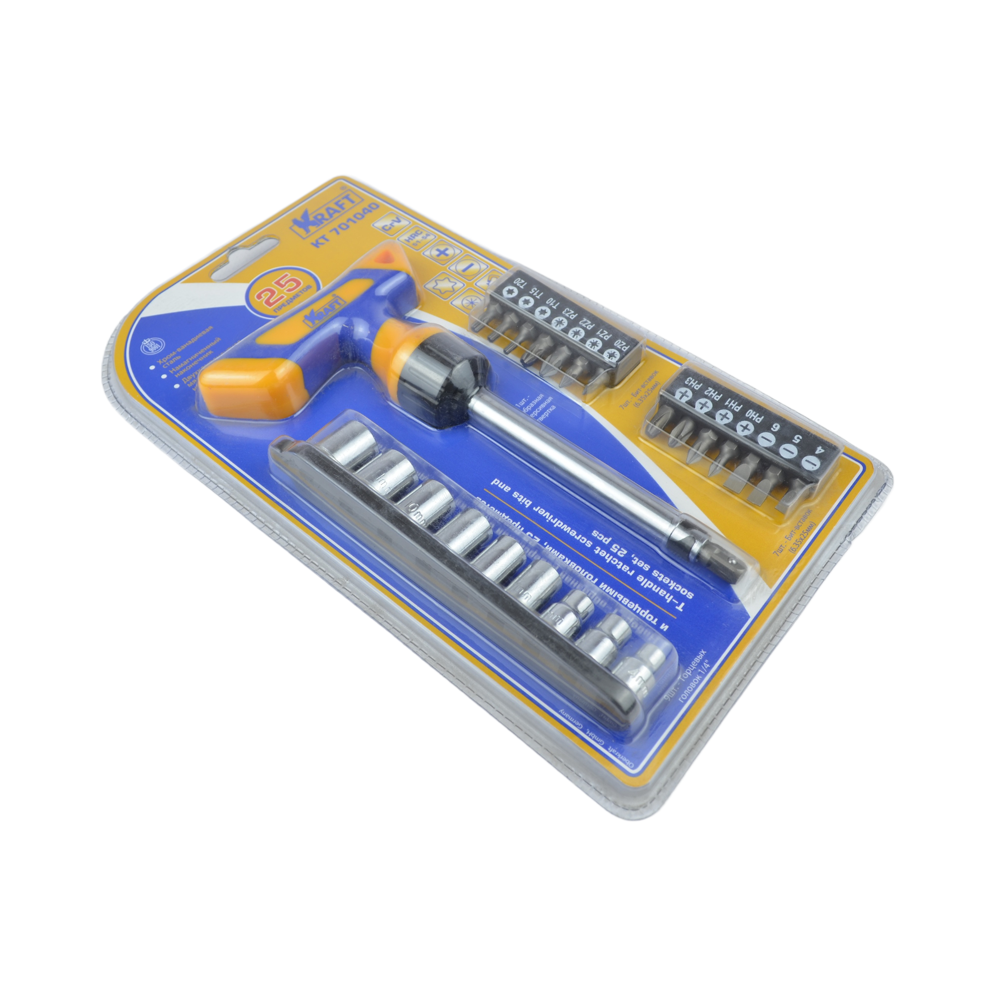 набор отвертка Т-образная с битами и головками 25 предм. KRAFT 701040 