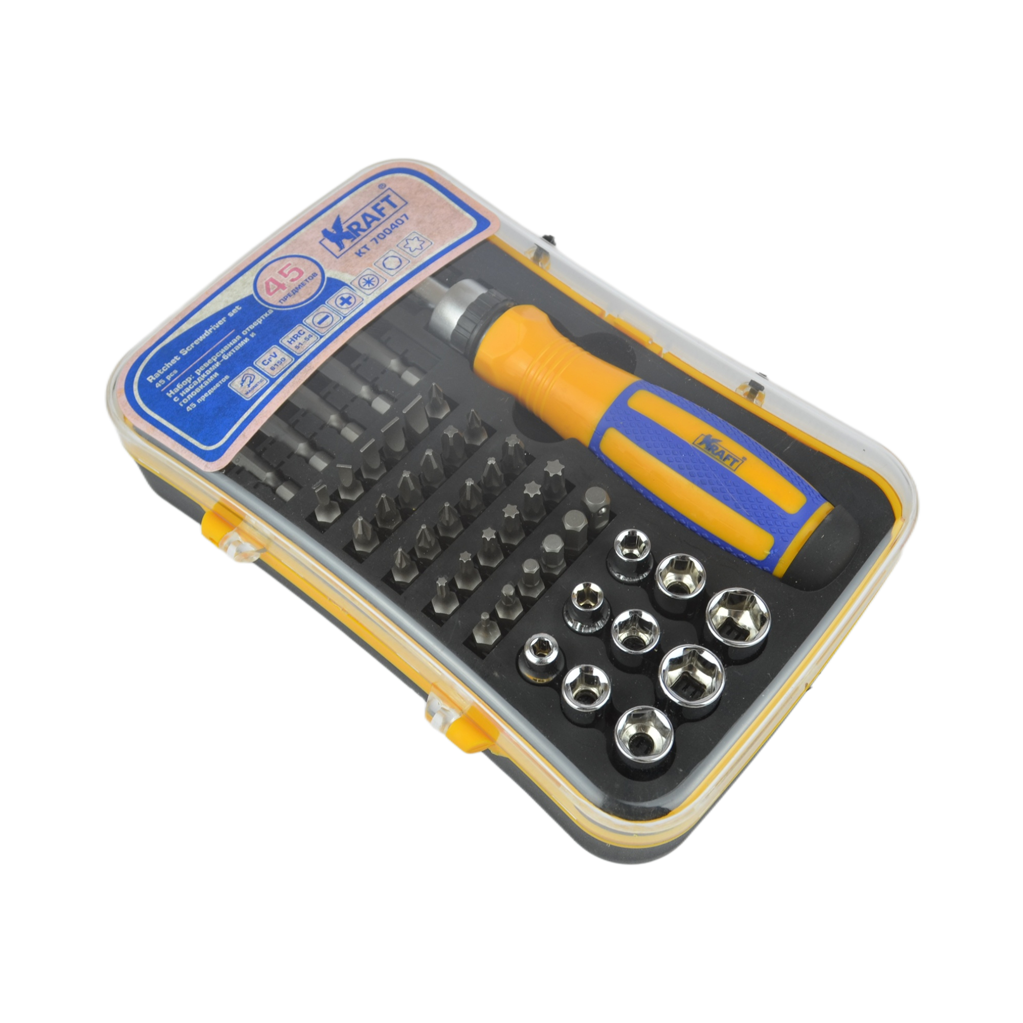 набор отвертка реверсивная с битами и головками 45 предм. KRAFT 700407 