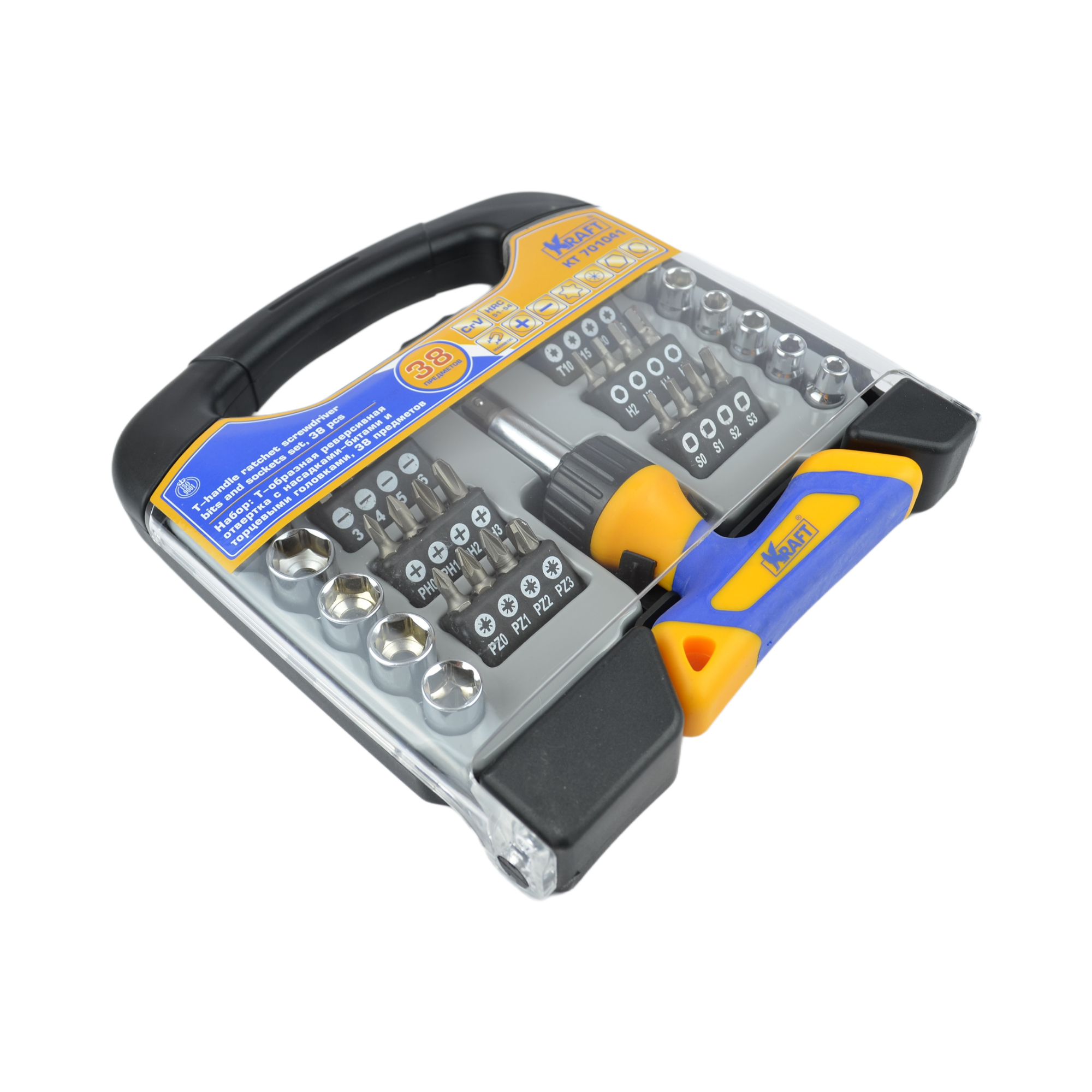набор отвертка Т-образная с битами и головками 38 предм. KRAFT 701041 