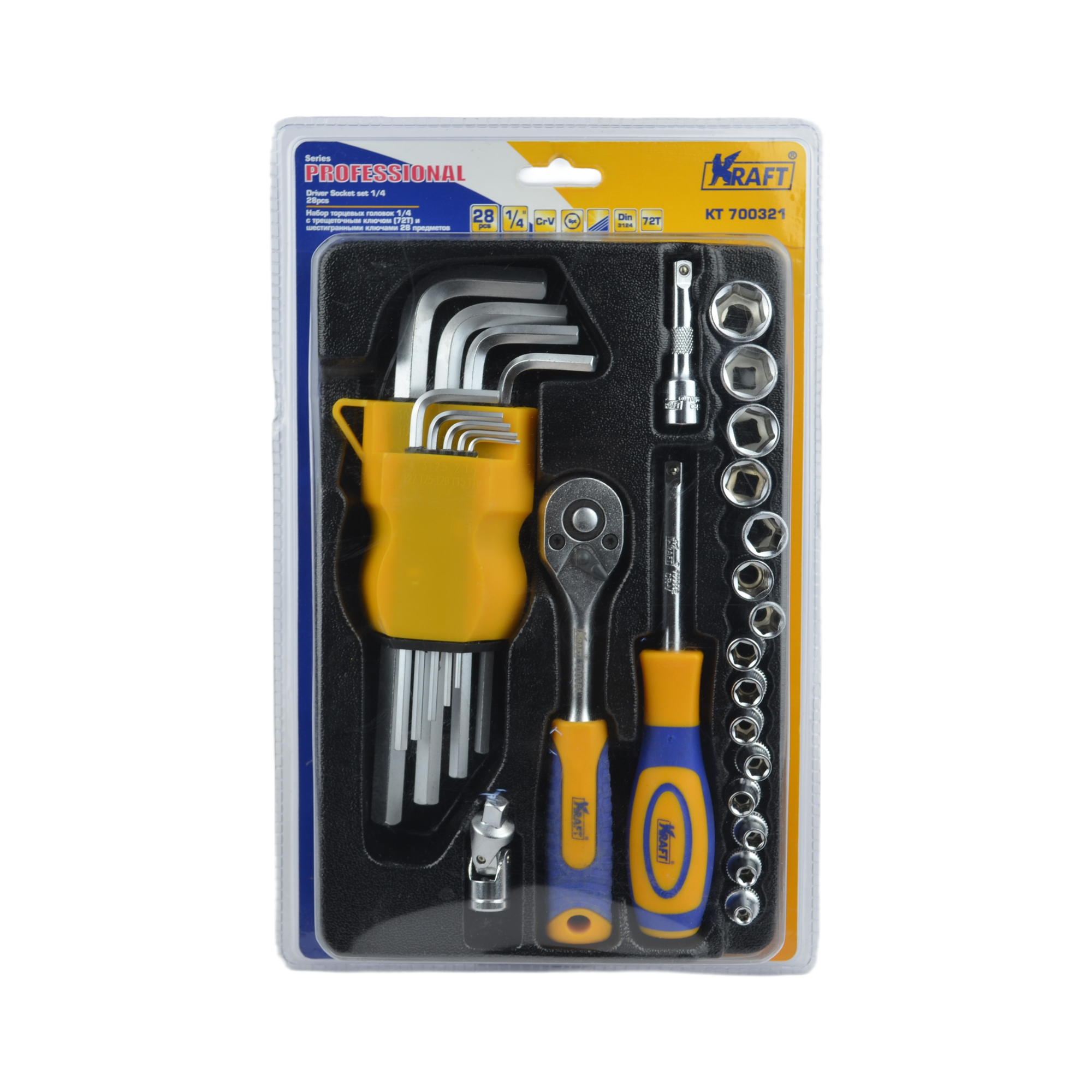набор головок 1/4 с трещоткой и шестигранными ключами 28 предм. KRAFT 700321 